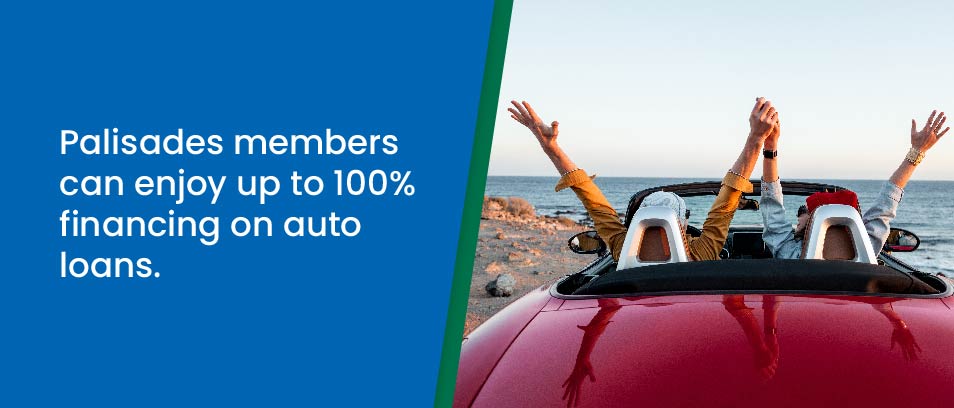 Palisades members can enjoy up to 100% financing on auto loans - Image of two people in a convertible by the ocean